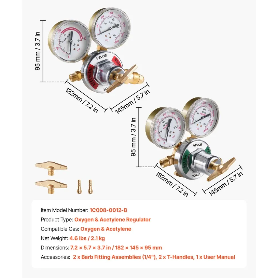 VEVOR Oxygen Acetylene Regulator Set, Oxy-Acetylene Regulators, 0-4000PSI and 0-400PSI Welding Gas Gauges with CGA-540/CGA-510 Inlet Connection & 9/16"-18 Outlet Connection, T-Handle Adjustment