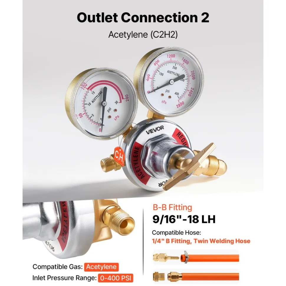 VEVOR Oxygen Acetylene Regulator Set, Oxy-Acetylene Regulators, 0-4000PSI and 0-400PSI Welding Gas Gauges with CGA-540/CGA-510 Inlet Connection & 9/16"-18 Outlet Connection, T-Handle Adjustment