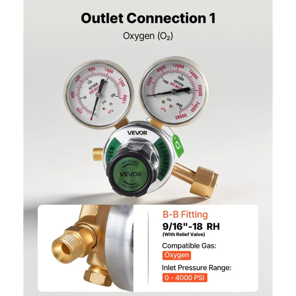VEVOR Oxygen Acetylene Regulator Set, Oxy-Acetylene Regulators, 0-4000PSI and 0-400PSI Welding Gas Gauges with CGA-540/CGA-510 Inlet Connection & 9/16"-18 Outlet Connection, PC Knob Adjustment