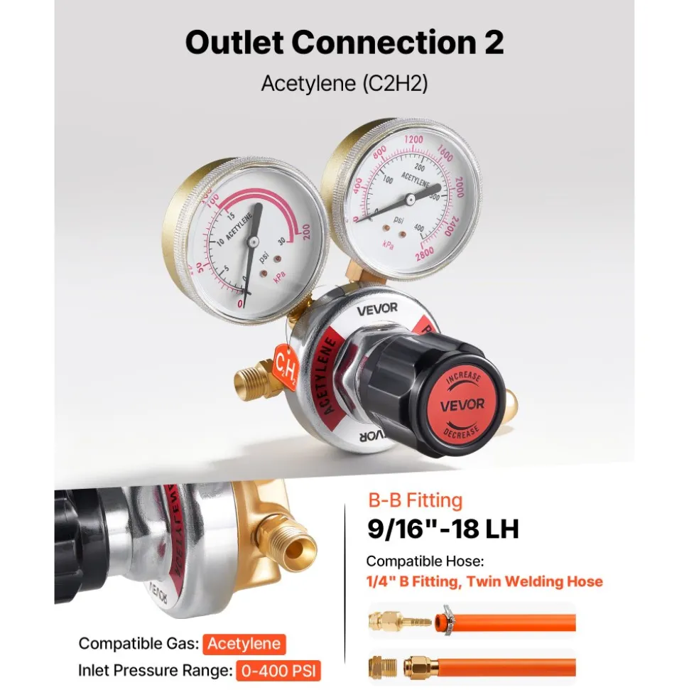 VEVOR Oxygen Acetylene Regulator Set, Oxy-Acetylene Regulators, 0-4000PSI and 0-400PSI Welding Gas Gauges with CGA-540/CGA-510 Inlet Connection & 9/16"-18 Outlet Connection, PC Knob Adjustment