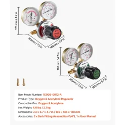 VEVOR Oxygen Acetylene Regulator Set, Oxy-Acetylene Regulators, 0-4000PSI and 0-400PSI Welding Gas Gauges with CGA-540/CGA-510 Inlet Connection & 9/16