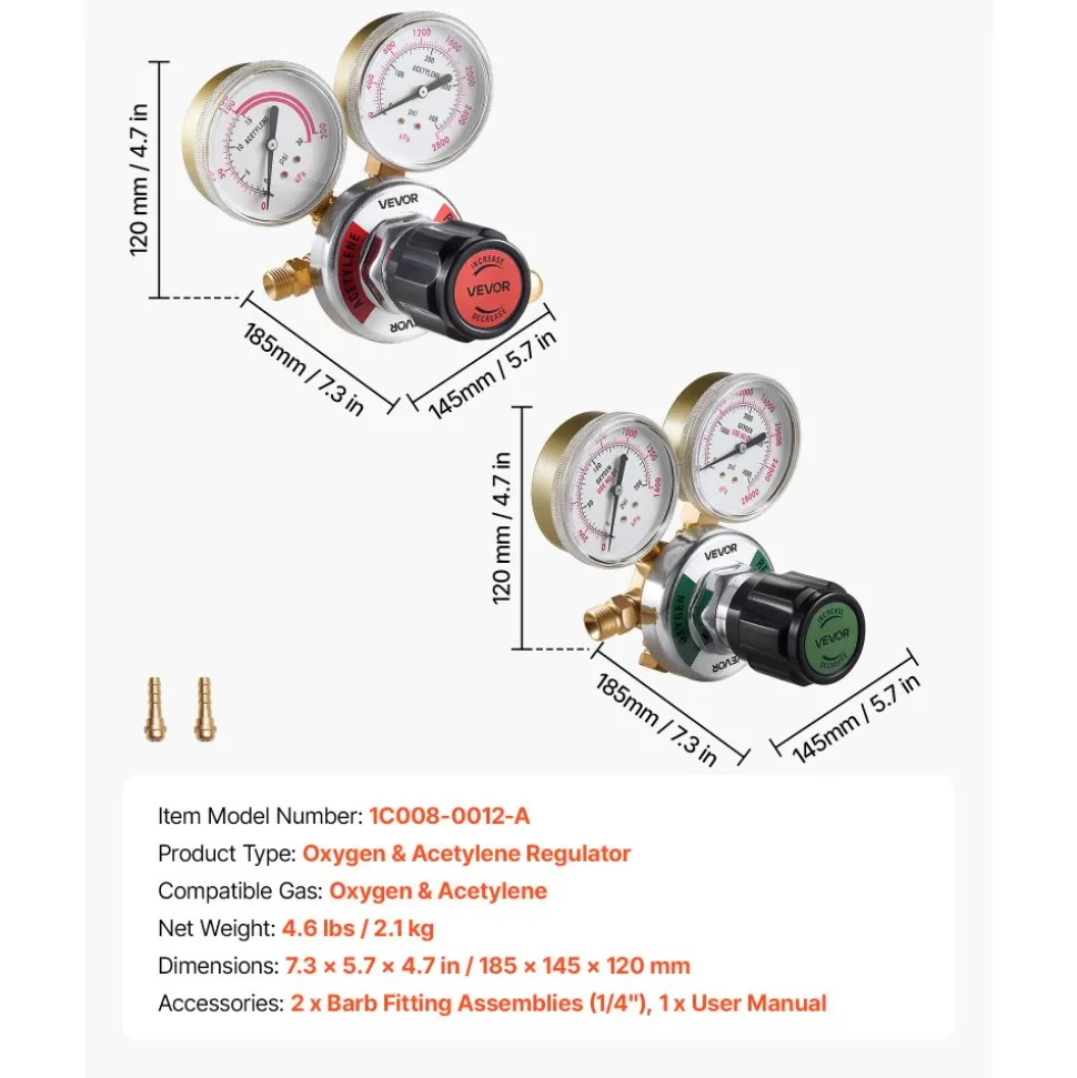 VEVOR Oxygen Acetylene Regulator Set, Oxy-Acetylene Regulators, 0-4000PSI and 0-400PSI Welding Gas Gauges with CGA-540/CGA-510 Inlet Connection & 9/16"-18 Outlet Connection, PC Knob Adjustment