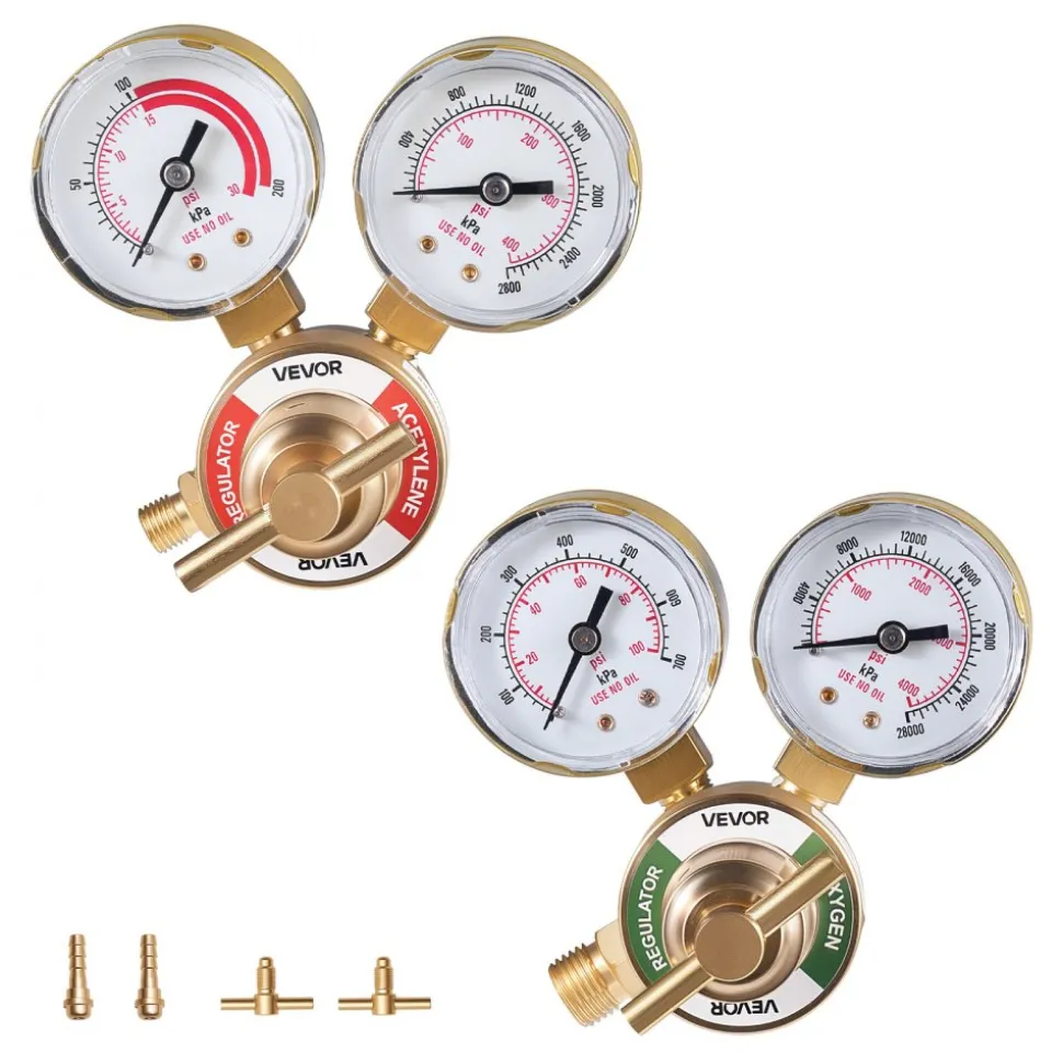 VEVOR Oxygen Acetylene Regulator Set, Oxy-Acetylene Regulators, 0-4000PSI and 0-400PSI Welding Gas Gauges with CGA-540/CGA-200 Inlet Connection & 9/16"-18 Outlet Connection, T-Handle Adjustment