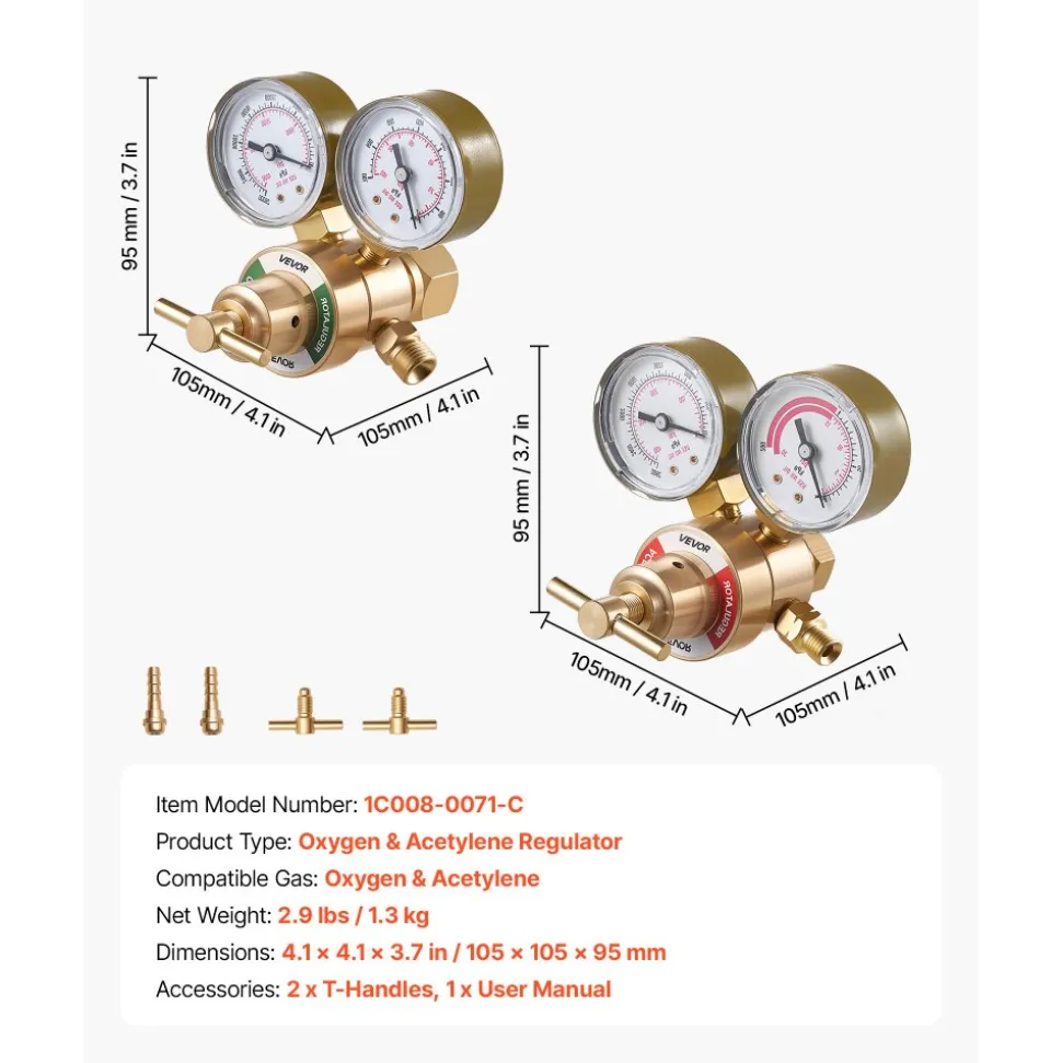 VEVOR Oxygen Acetylene Regulator Set, Oxy-Acetylene Regulators, 0-4000PSI and 0-400PSI Welding Gas Gauges with CGA-540/CGA-200 Inlet Connection & 9/16"-18 Outlet Connection, T-Handle Adjustment