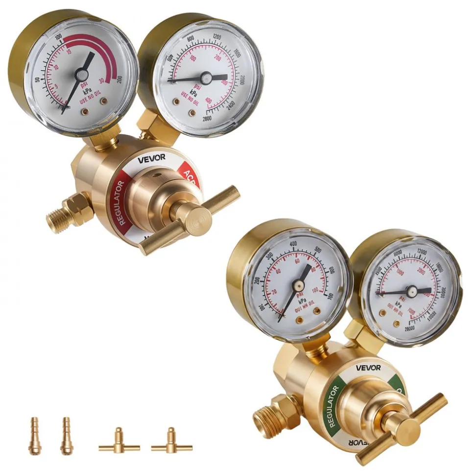 VEVOR Oxygen Acetylene Regulator Set, Oxy-Acetylene Regulators, 0-4000PSI and 0-400PSI Welding Gas Gauges with CGA-540/CGA-200 Inlet Connection & 9/16"-18 Outlet Connection, T-Handle Adjustment