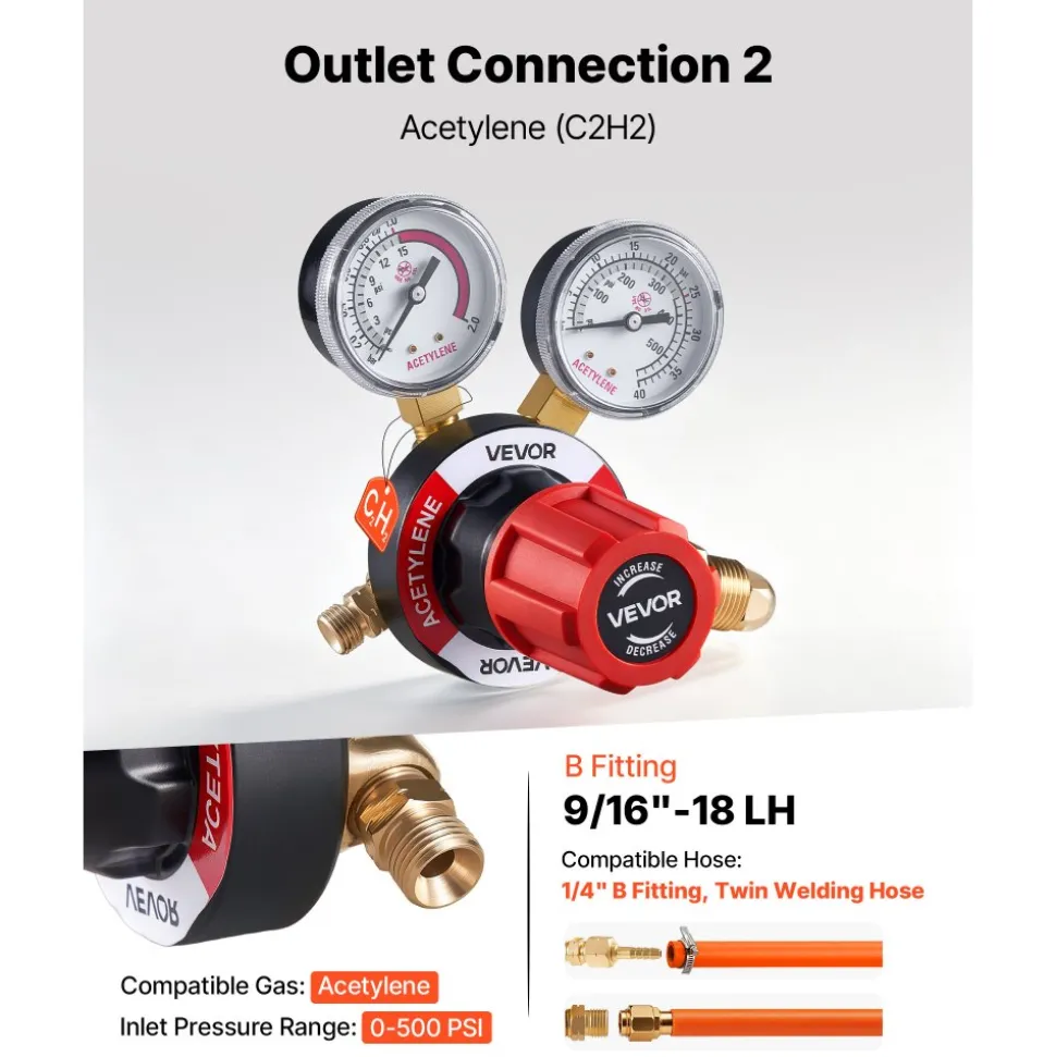 VEVOR Oxygen Acetylene Regulator Set, Oxy-Acetylene Regulators, 0-4000PSI and 0-500PSI Welding Gas Gauges with CGA-540/CGA-510 Inlet Connection & 9/16"-18 Outlet Connection, PC Knob Adjustment