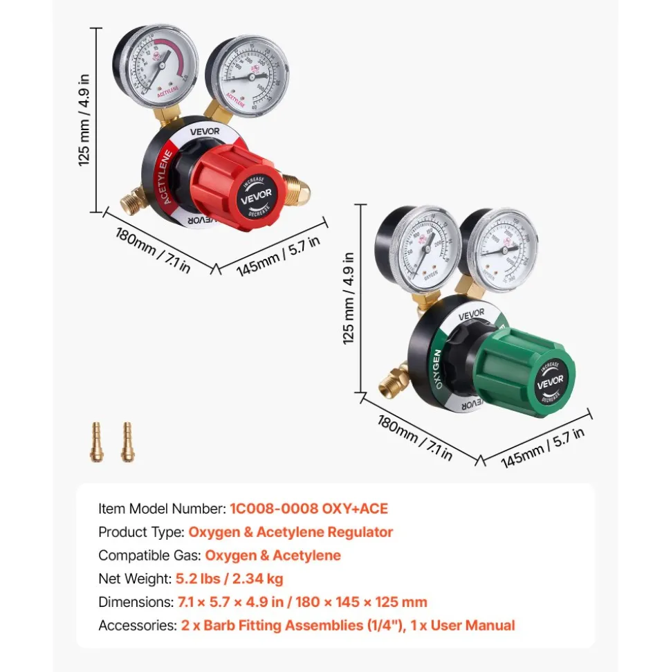 VEVOR Oxygen Acetylene Regulator Set, Oxy-Acetylene Regulators, 0-4000PSI and 0-500PSI Welding Gas Gauges with CGA-540/CGA-510 Inlet Connection & 9/16"-18 Outlet Connection, PC Knob Adjustment
