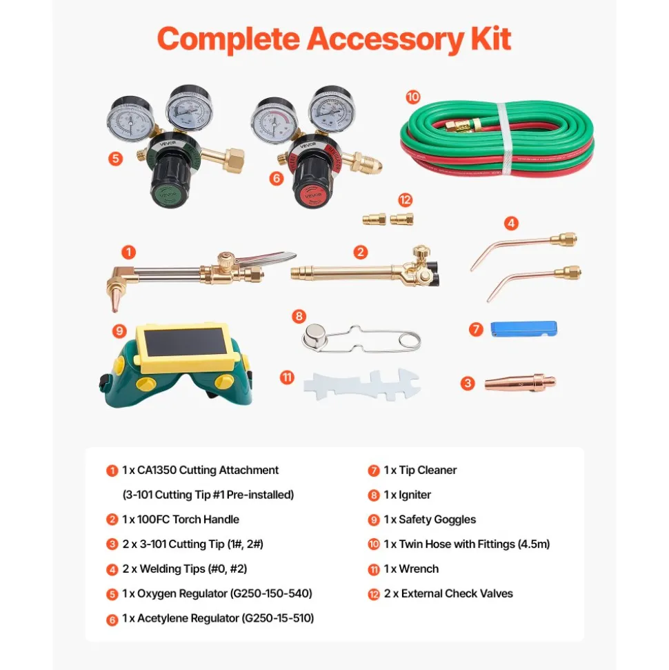 VEVOR Oxygen Acetylene Torch Kit with Check Valves, Gas Welding Cutting Torch Kit, Professional Oxy Acetylene Brazing Set with 15FT Twin-Hose, 2 Cutting Tips, 2 Welding Tips & 2 Precise Regulators