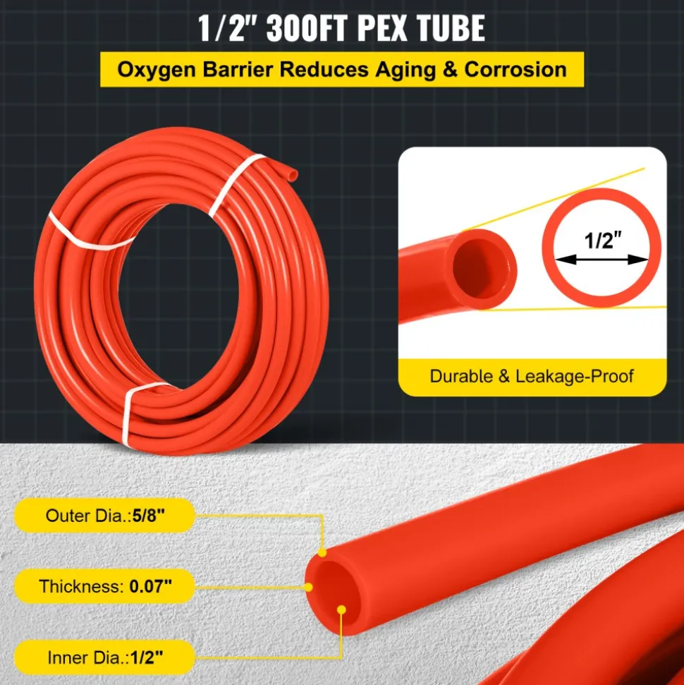 VEVOR Oxygen Barrier 1/2 Inch 300 Feet Tube Coil EVOH PEX-B Pipe, for Residential Commercial Radiant Floor Heating, Red