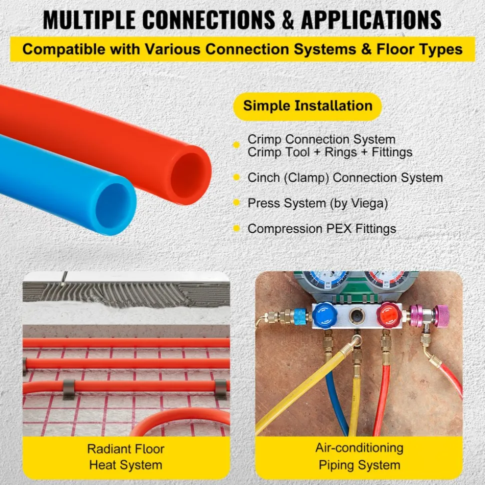 VEVOR Oxygen-Barrier PEX Tubing 300Ft Red + 300Ft Blue 1/2 Inch Radiant Floor PEX Pipe Radiant Heat Floor Heating Plumbing Cold and Hot Water Tubing