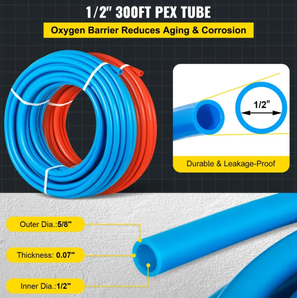 VEVOR Oxygen-Barrier PEX Tubing 300Ft Red + 300Ft Blue 1/2 Inch Radiant Floor PEX Pipe Radiant Heat Floor Heating Plumbing Cold and Hot Water Tubing