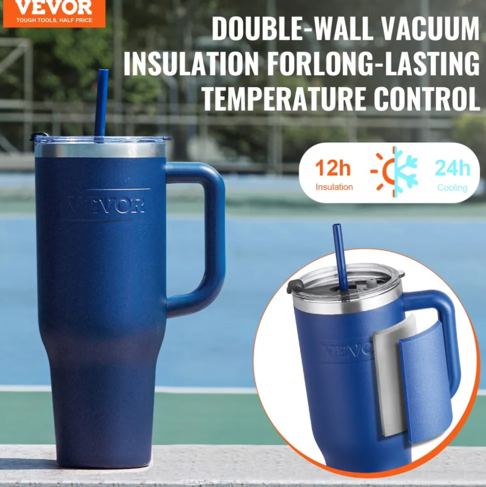 VEVOR 40 oz Insulated Water Bottle, Stainless Steel Sports Coffee Cup with Lid, Handheld Travel Coffee Mug Double Walled, Camping Hydration Flask Leakproof, for Indoor/Outdoor School, Work, Blue