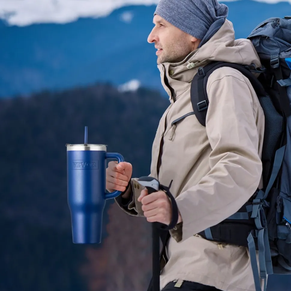 VEVOR 40 oz Insulated Water Bottle, Stainless Steel Sports Coffee Cup with Lid, Handheld Travel Coffee Mug Double Walled, Camping Hydration Flask Leakproof, for Indoor/Outdoor School, Work, Blue
