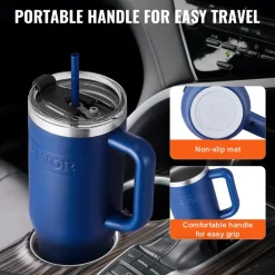 VEVOR 40 oz Insulated Water Bottle, Stainless Steel Sports Coffee Cup with Lid, Handheld Travel Coffee Mug Double Walled, Camping Hydration Flask Leakproof, for Indoor/Outdoor School, Work, Blue