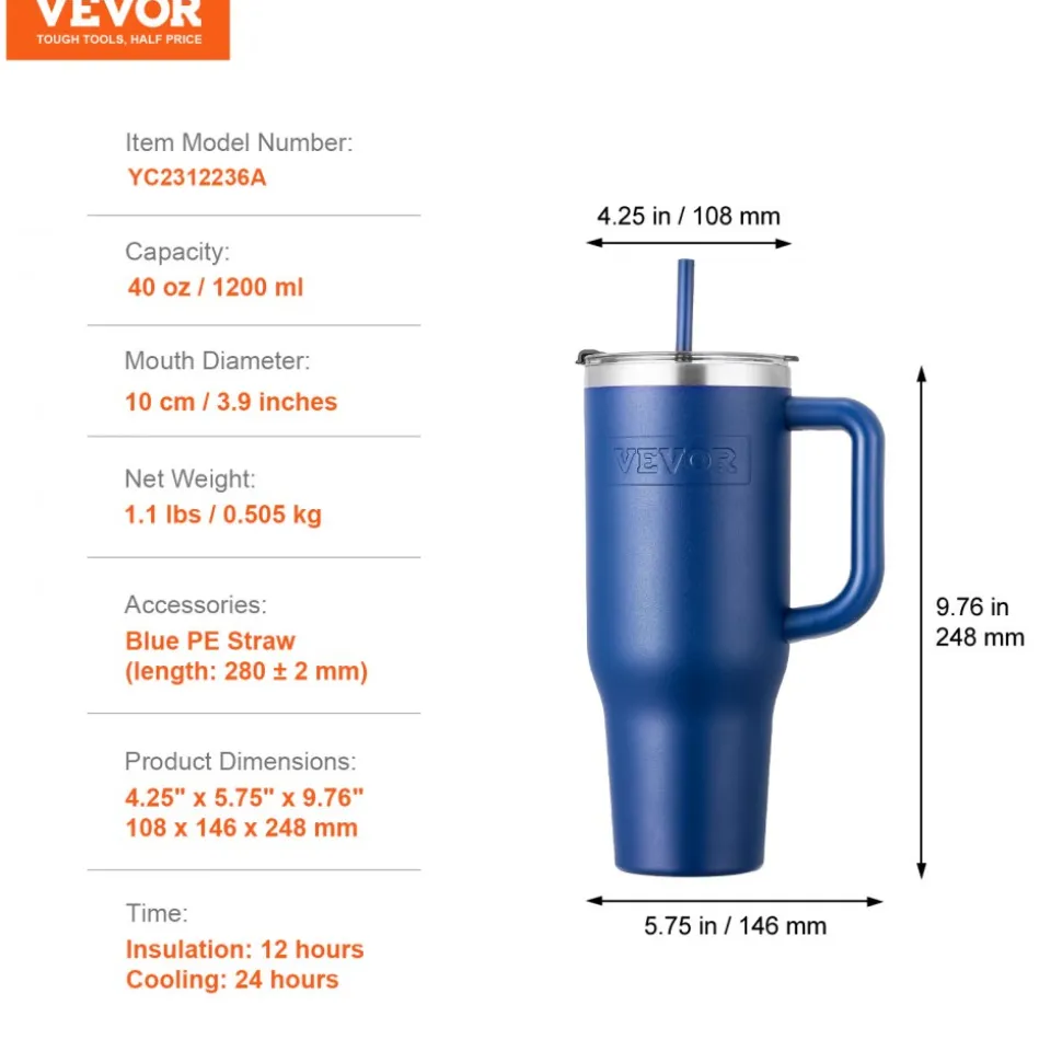 VEVOR 40 oz Insulated Water Bottle, Stainless Steel Sports Coffee Cup with Lid, Handheld Travel Coffee Mug Double Walled, Camping Hydration Flask Leakproof, for Indoor/Outdoor School, Work, Blue