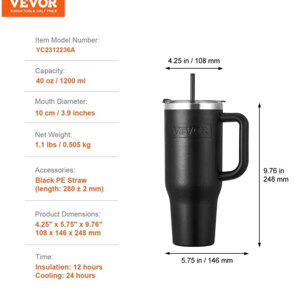 VEVOR 40 oz Insulated Water Bottle, Stainless Steel Sports Coffee Cup with Lid, Handheld Travel Coffee Mug Double Walled, Camping Hydration Flask Leakproof, for Indoor/Outdoor School, Work, Black