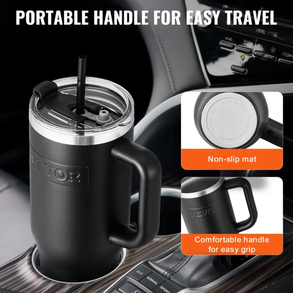 VEVOR 40 oz Insulated Water Bottle, Stainless Steel Sports Coffee Cup with Lid, Handheld Travel Coffee Mug Double Walled, Camping Hydration Flask Leakproof, for Indoor/Outdoor School, Work, Black