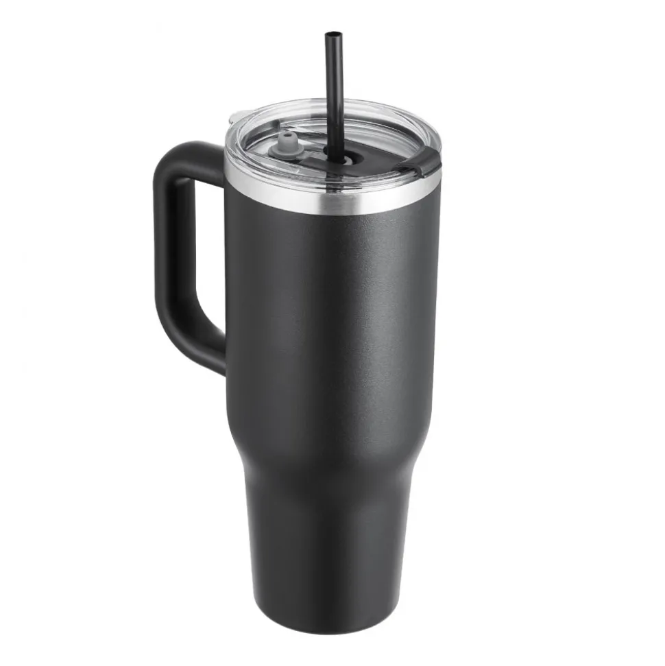 VEVOR 40 oz Insulated Water Bottle, Stainless Steel Sports Coffee Cup with Lid, Handheld Travel Coffee Mug Double Walled, Camping Hydration Flask Leakproof, for Indoor/Outdoor School, Work, Black