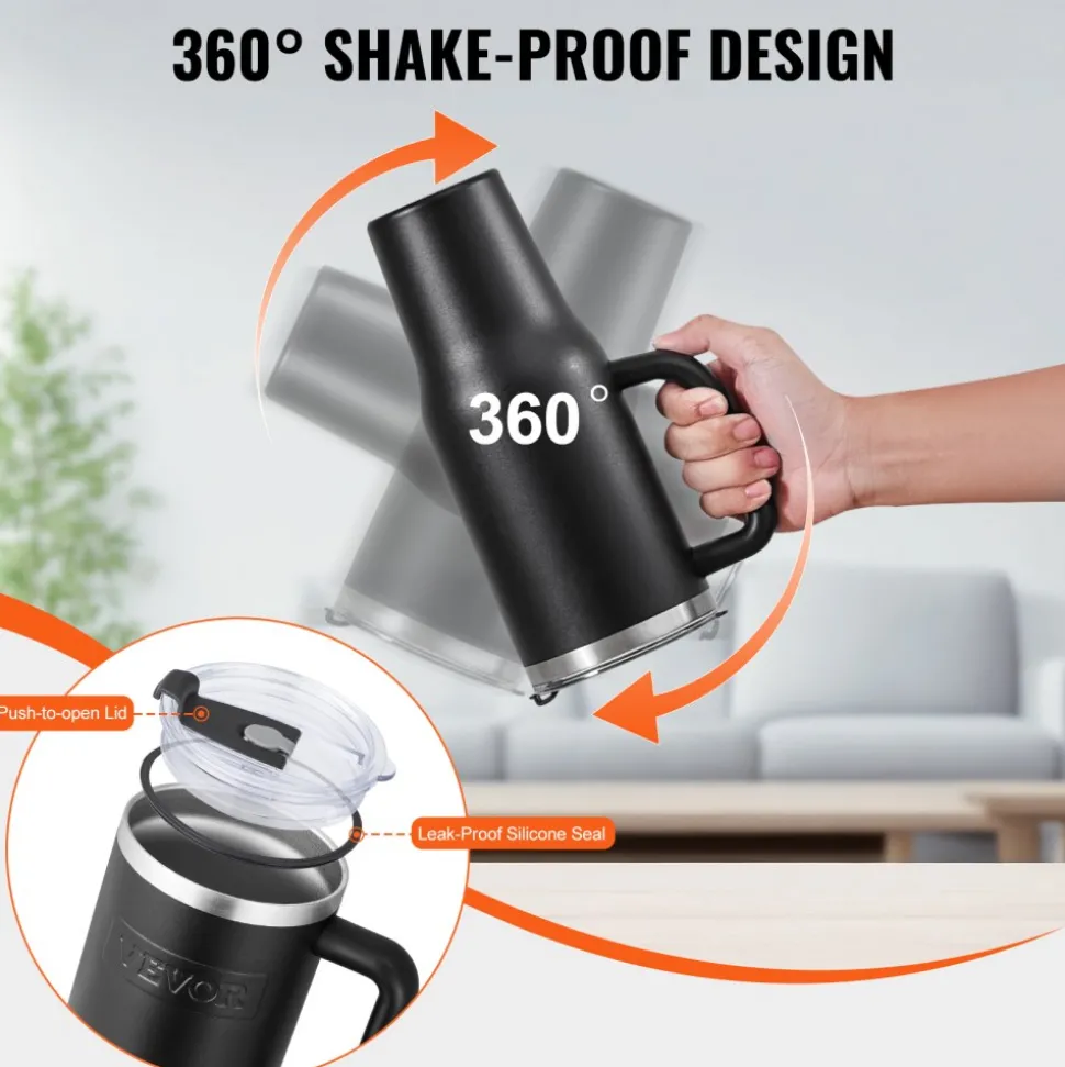 VEVOR 40 oz Insulated Water Bottle, Stainless Steel Sports Coffee Cup with Lid, Handheld Travel Coffee Mug Double Walled, Camping Hydration Flask Leakproof, for Indoor/Outdoor School, Work, Black