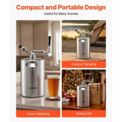 VEVOR 170oz Mini Keg, Pressurized Growler Tap System, 304 Stainless Steel Beer Kit, with Co2 Regulator, Self-Closing Faucet, Keeps Fresh and Carbonation for Homebrew, Craft and Draft Beer