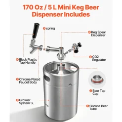 VEVOR 170oz Mini Keg, Pressurized Growler Tap System, 304 Stainless Steel Beer Kit, with Co2 Regulator, Self-Closing Faucet, Keeps Fresh and Carbonation for Homebrew, Craft and Draft Beer