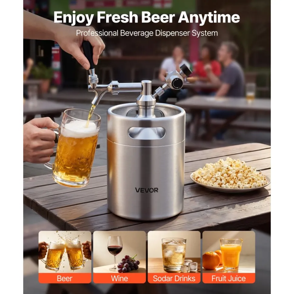 VEVOR 128oz Mini Keg, Pressurized Growler Tap System, 304 Stainless Steel Beer Kit, with Co2 Regulator, Self-Closing Faucet, Keeps Fresh and Carbonation for Homebrew, Craft and Draft Beer