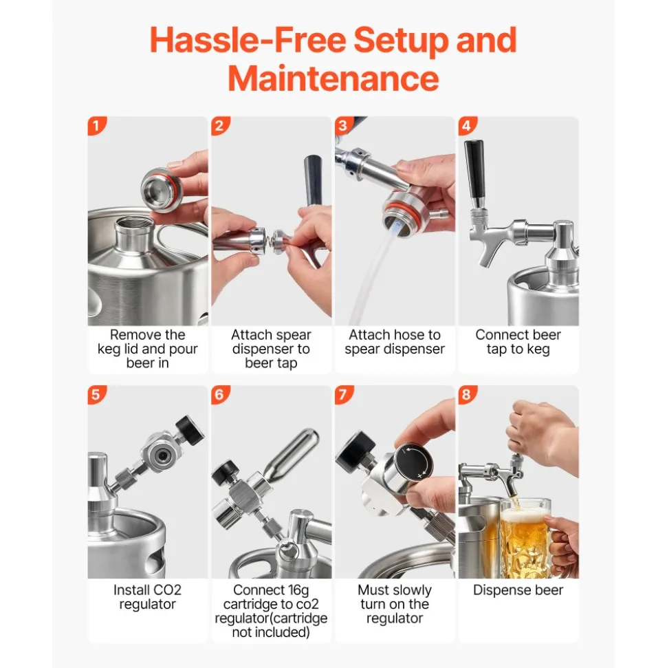 VEVOR 128oz Mini Keg, Pressurized Growler Tap System, 304 Stainless Steel Beer Kit, with Co2 Regulator, Self-Closing Faucet, Keeps Fresh and Carbonation for Homebrew, Craft and Draft Beer