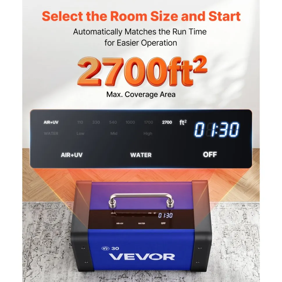 VEVOR Ozone Generator, 30000mg/h Commercial Ozone Machine, with 15s Delayed Start & Dual-Hose Water Mode & LCD Touchscreen, Industrial Deodorizer for Car, Smoke, Home Odors, Up to 2700 sq.ft