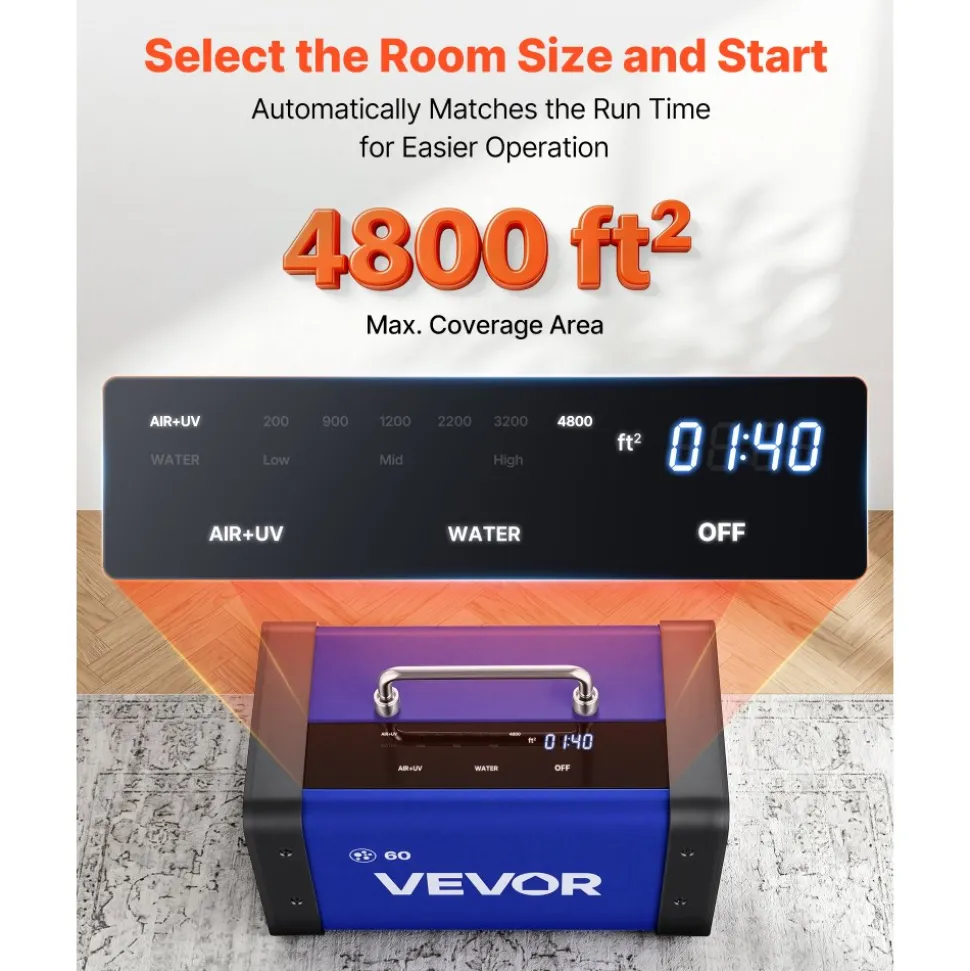 VEVOR Ozone Generator, 60000mg/h Commercial Ozone Machine, with 15s Delayed Start & Dual-Hose Water Mode & LCD Touchscreen, Industrial Deodorizer for Car, Smoke, Home Odors, Up to 4800 sq.ft