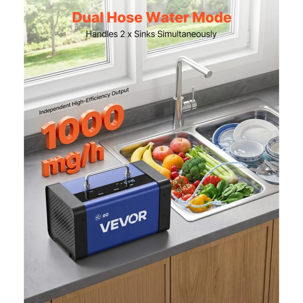 VEVOR Ozone Generator, 60000mg/h Commercial Ozone Machine, with 15s Delayed Start & Dual-Hose Water Mode & LCD Touchscreen, Industrial Deodorizer for Car, Smoke, Home Odors, Up to 4800 sq.ft