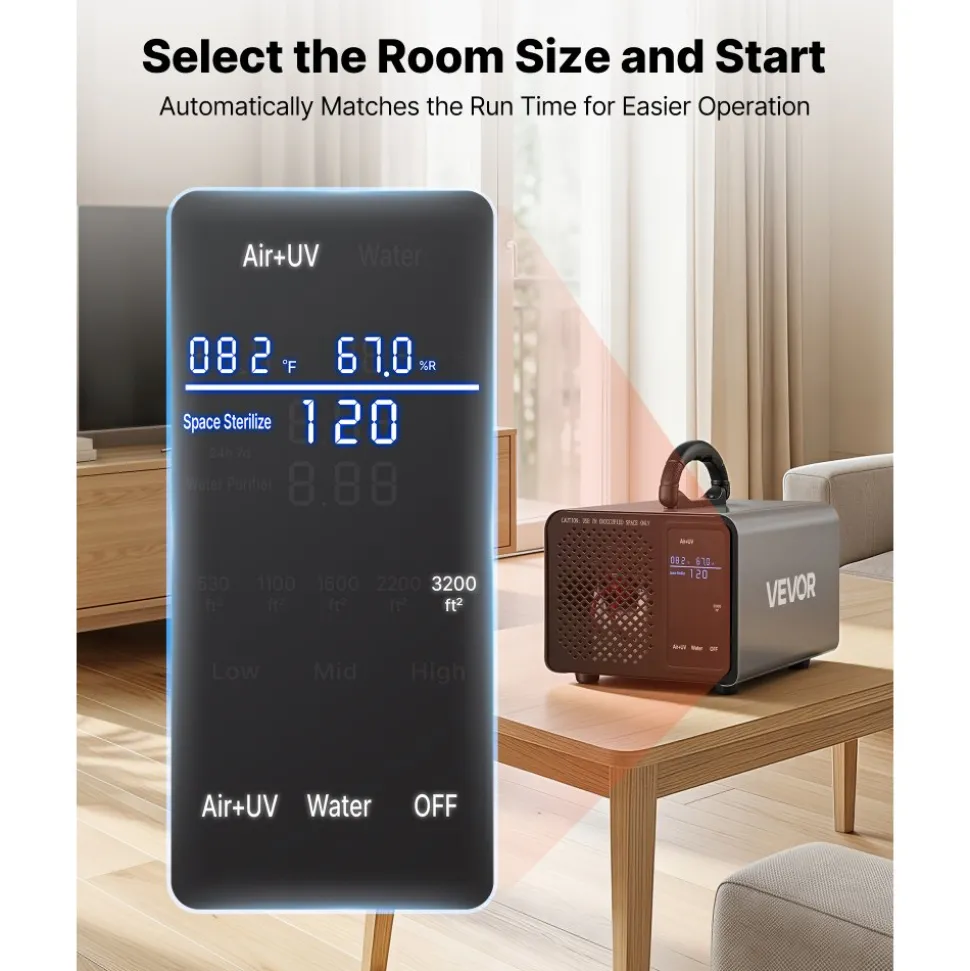 VEVOR Ozone Generator, 45000mg/h Commercial Ozone Machine, with 15s Delayed Start & Dual-Hose Water Mode & LCD Touchscreen, Industrial Deodorizer for Car, Smoke, Home Odors, Up to 3800 sq.ft