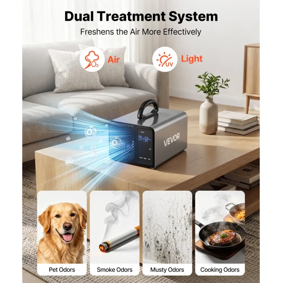 VEVOR Ozone Generator, 45000mg/h Commercial Ozone Machine, with 15s Delayed Start & Dual-Hose Water Mode & LCD Touchscreen, Industrial Deodorizer for Car, Smoke, Home Odors, Up to 3800 sq.ft