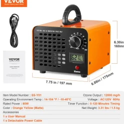 VEVOR Ozone Generator, 12000mg/h Ozone Machine Remover, High Capacity Commercial/Industrial Ozone Generator Machine, Home Air Ionizers Deodorizer with 0-120 min Time Setting for Rooms, Cars, Pets