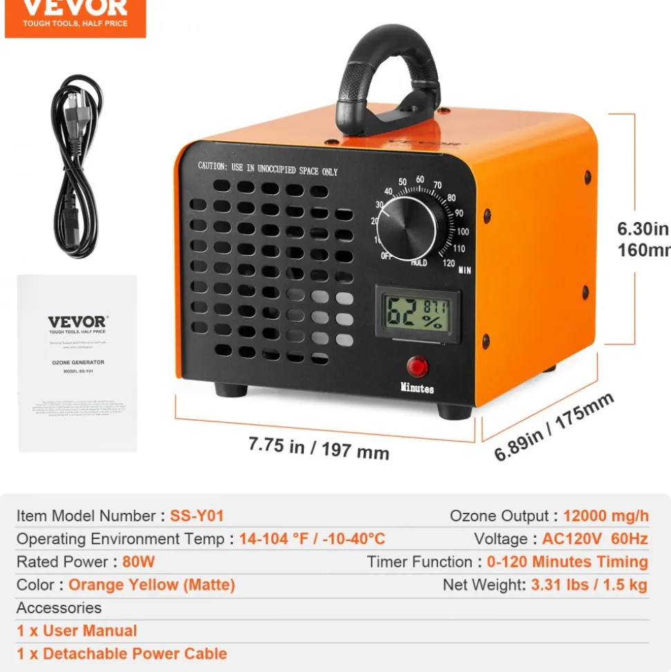 VEVOR Ozone Generator, 12000mg/h Ozone Machine Remover, High Capacity Commercial/Industrial Ozone Generator Machine, Home Air Ionizers Deodorizer with 0-120 min Time Setting for Rooms, Cars, Pets
