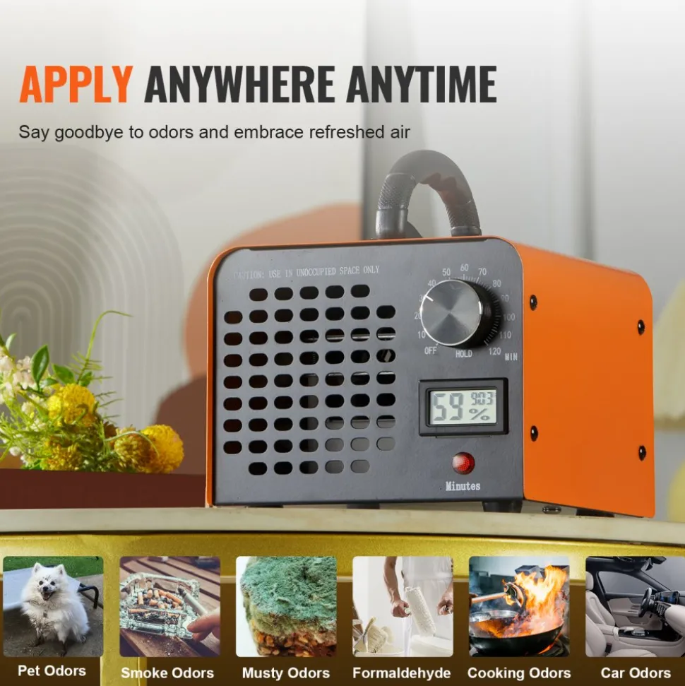 VEVOR Ozone Generator, 12000mg/h Ozone Machine Remover, High Capacity Commercial/Industrial Ozone Generator Machine, Home Air Ionizers Deodorizer with 0-120 min Time Setting for Rooms, Cars, Pets