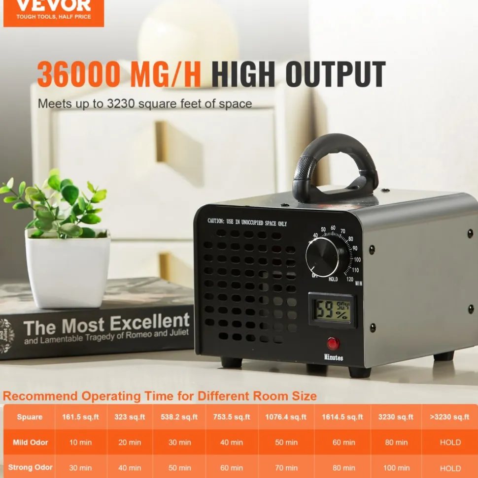 VEVOR Ozone Generator, 36000mg/h Ozone Machine Odor Remover, High Capacity Commercial/Industrial Ozone Generator Machine, Home Air Ionizers Deodorizer with 0-120 min Time Setting for Rooms, Cars, Pets