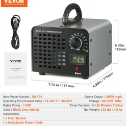 VEVOR Ozone Generator, 36000mg/h Ozone Machine Odor Remover, High Capacity Commercial/Industrial Ozone Generator Machine, Home Air Ionizers Deodorizer with 0-120 min Time Setting for Rooms, Cars, Pets