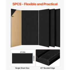 VEVOR 5 Pack Acoustic Panels with Self Adhesive, 47.2 x 23.6 x 0.4 inch Sound Proof Foam Panels, Polyester Fiber Soundproof Wall Panels High Density, for Home, Studio, Office, Theater, Black