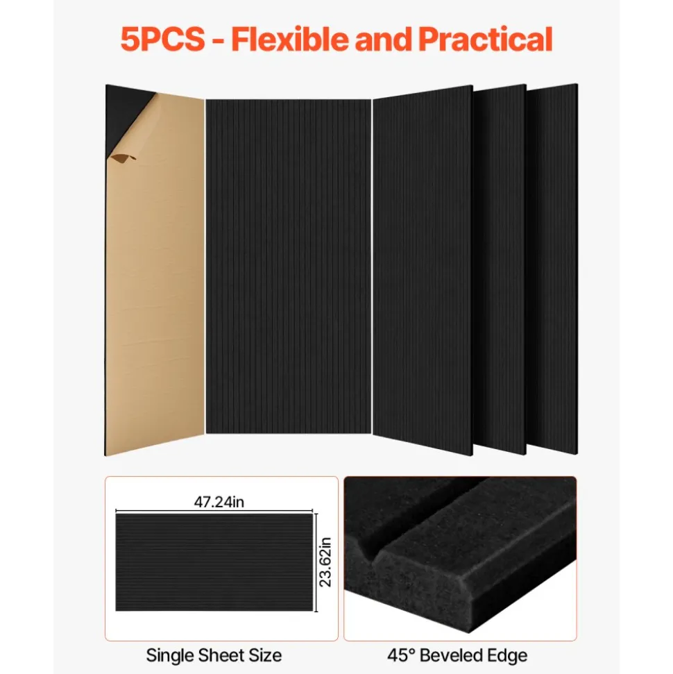 VEVOR 5 Pack Acoustic Panels with Self Adhesive, 47.2 x 23.6 x 0.4 inch Sound Proof Foam Panels, Polyester Fiber Soundproof Wall Panels High Density, for Home, Studio, Office, Theater, Black