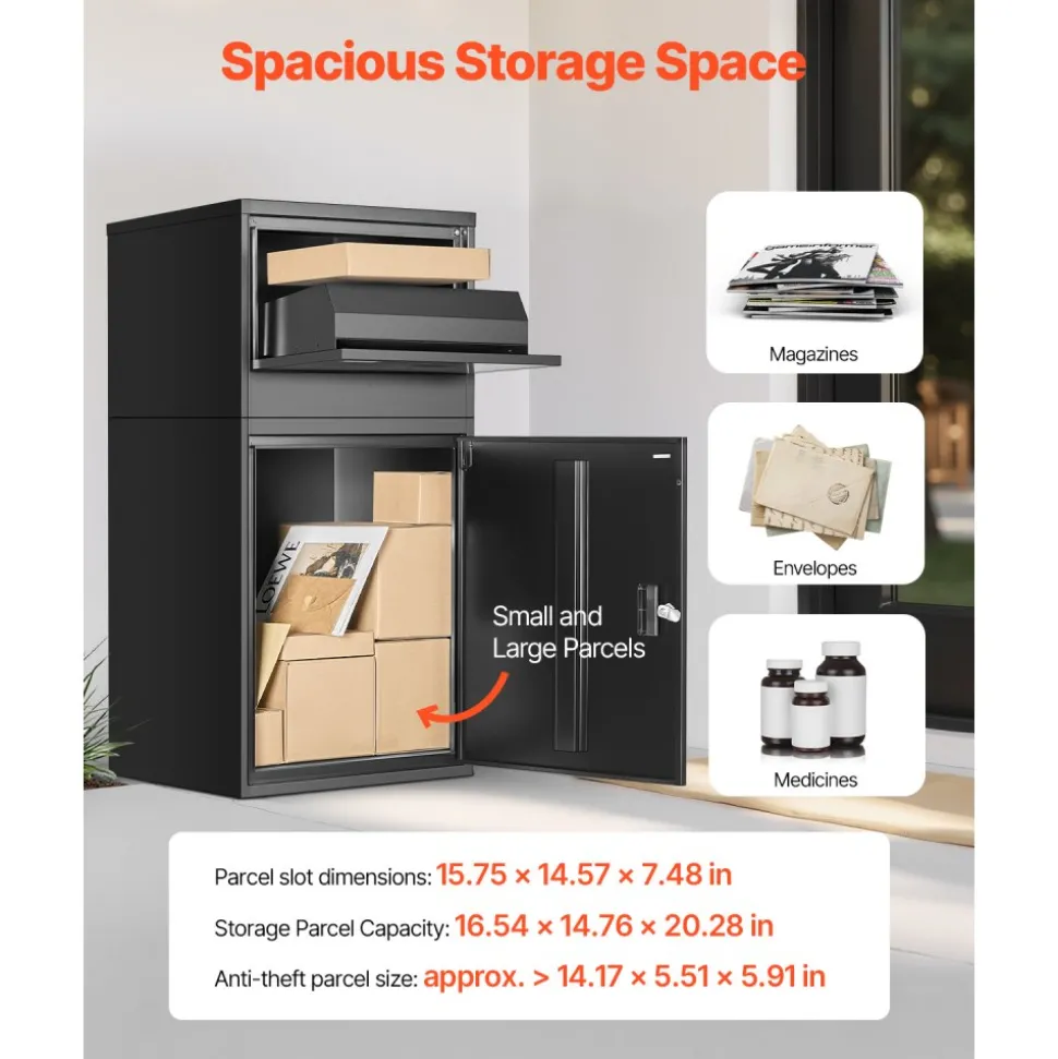 VEVOR Package Delivery Boxes for Outside, 38.6 in Mailbox for Parcel with Lock, Galvanized Steel Package Drop Box with Anti-Theft Design, Weather-Resistant Package Mailbox for Home and Office, Black
