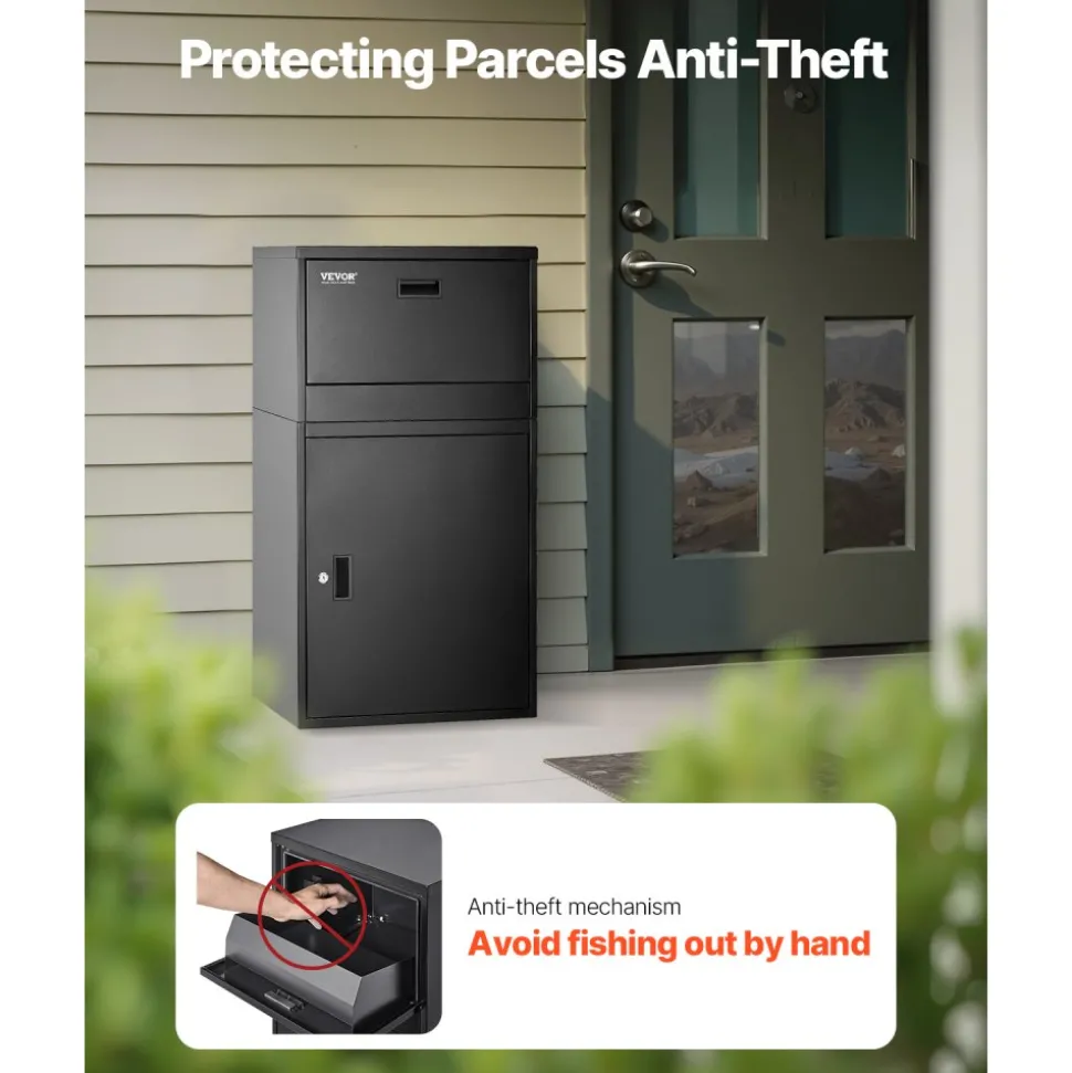 VEVOR Package Delivery Boxes for Outside, 38.6 in Mailbox for Parcel with Lock, Galvanized Steel Package Drop Box with Anti-Theft Design, Weather-Resistant Package Mailbox for Home and Office, Black