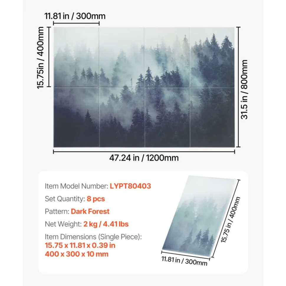 VEVOR 8 Pack Art Acoustic Panels, 63 x 23.62 x 0.4 inch Soundproof Wall Tiles, Self Adhesive Decorative Sound Dampening Absorbing Boards for Home, Office, Studio, Gaming Room,Theater,Forest