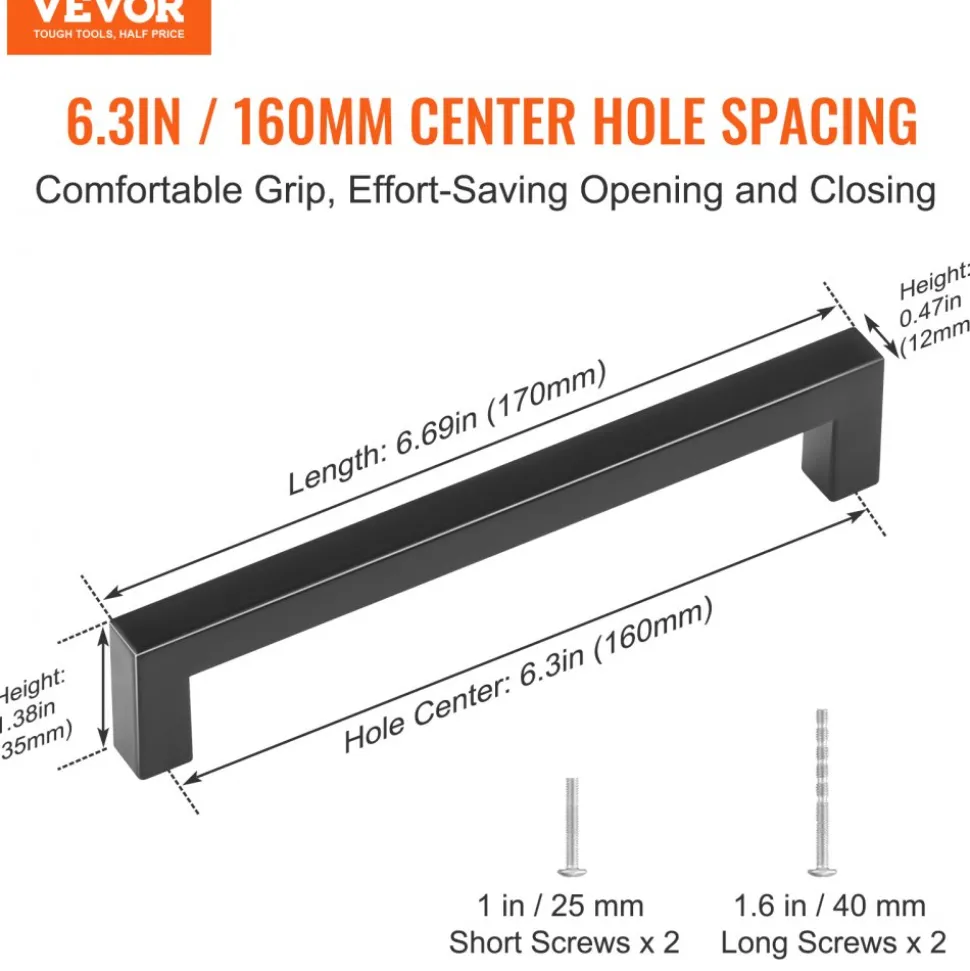 VEVOR 30 Pack Cabinet Pulls, 6.3 inch /160mm Center to Center Slim Square Kitchen Cabinet Drawer, Stainless Steel Modern Kitchen Cupboard Door Handles for Kitchen Bathroom Bar Hardware Matte Black