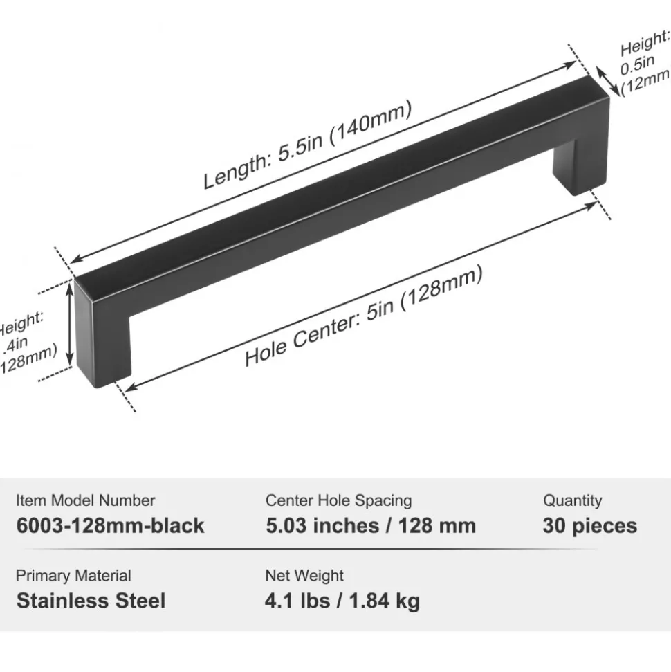 VEVOR 30 Pack Cabinet Pulls, 5.03in / 128mm Center to Center Slim Square Kitchen Cabinet Drawer, Stainless Steel Modern Kitchen Cupboard Door Handles for Kitchen Bathroom Bar Hardware Matte Black
