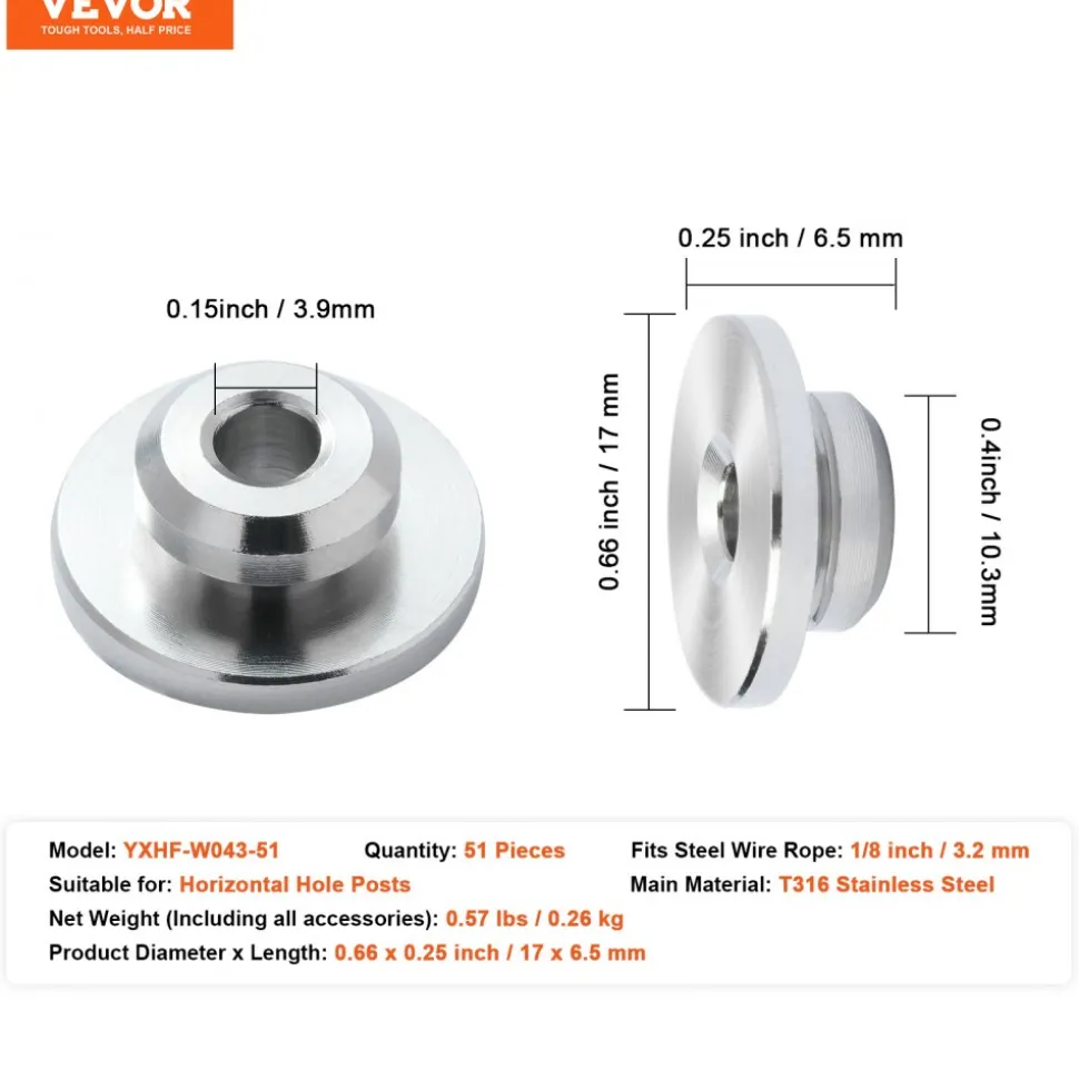 VEVOR 51Pack Cable Railing Kit 1/8" Wheel Protector Sleeves, Bundle with Black Invisible 1/8" Swage Tensioner and Terminal, Cable Railing Post Safeguard Covers for 0.41inch Horizontal Hole Post