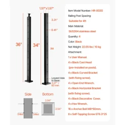 VEVOR 4-Pack Cable Railing Post, 36x2x2 In Horizontal-Hole Deck Railing Post with Pre-Drilled Holes, Stainless Steel Cable Rail Post with Horizontal and Curved Bracket, Black, 4JZLGZXHS914MY65M001V0