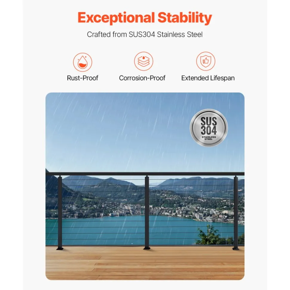 VEVOR 4-Pack Cable Railing Post, 42x1x2 In Horizontal-Hole Deck Railing Post with Pre-Drilled Holes, Stainless Steel Cable Rail Post with Horizontal and Curved Bracket, Black, 4JZLGZXHS106REP67001V0