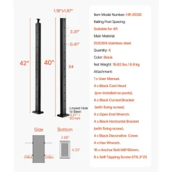 VEVOR 4-Pack Cable Railing Post, 42x1x2 In Horizontal-Hole Deck Railing Post with Pre-Drilled Holes, Stainless Steel Cable Rail Post with Horizontal and Curved Bracket, Black, 4JZLGZXHS106REP67001V0