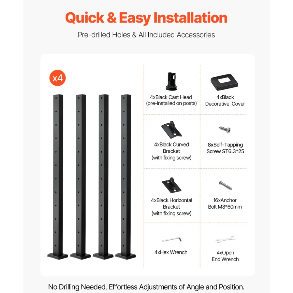 VEVOR 4-Pack Cable Railing Post, 42x1x2 In Horizontal-Hole Deck Railing Post with Pre-Drilled Holes, Stainless Steel Cable Rail Post with Horizontal and Curved Bracket, Black, 4JZLGZXHS106REP67001V0