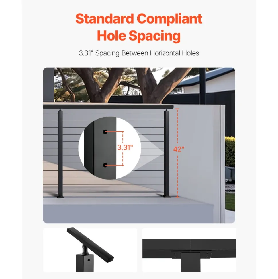 VEVOR 4-Pack Cable Railing Post, 42x1x2 In Horizontal-Hole Deck Railing Post with Pre-Drilled Holes, Stainless Steel Cable Rail Post with Horizontal and Curved Bracket, Black, 4JZLGZXHS106REP67001V0